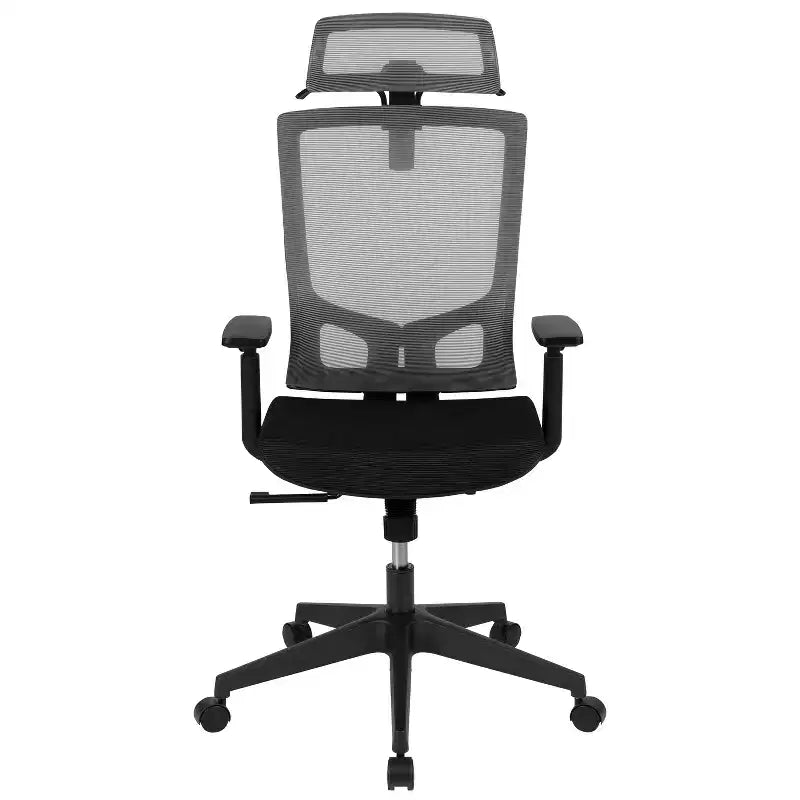 Fauteuil de bureau ergonomique en maille avec mécanisme synchrone, appui-tête réglable en inclinaison, support lombaire, porte-manteau et accoudoirs réglables