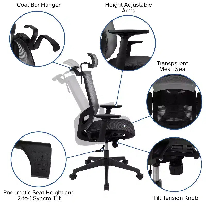 Fauteuil de bureau ergonomique en maille avec mécanisme synchrone, appui-tête réglable en inclinaison, support lombaire, porte-manteau et accoudoirs réglables