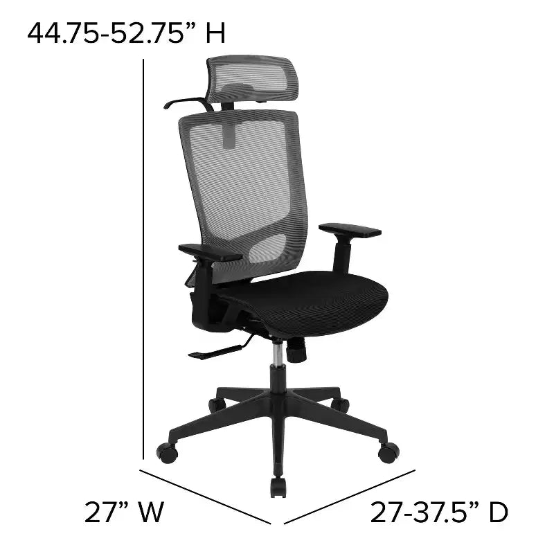 Fauteuil de bureau ergonomique en maille avec mécanisme synchrone, appui-tête réglable en inclinaison, support lombaire, porte-manteau et accoudoirs réglables