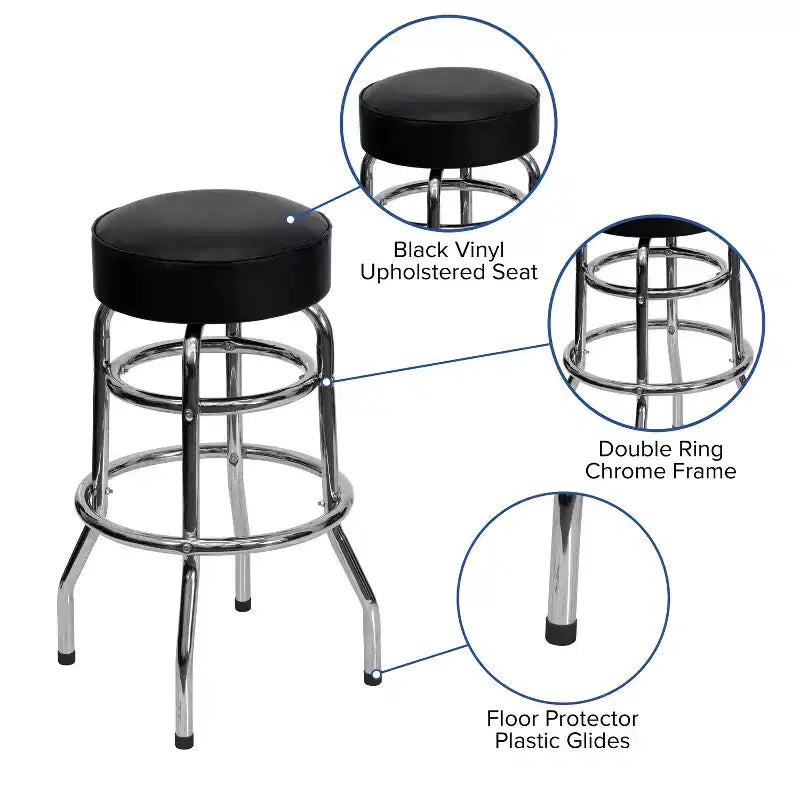 Tabouret de bar/restaurant chromé rétro à double anneau et sans dossier