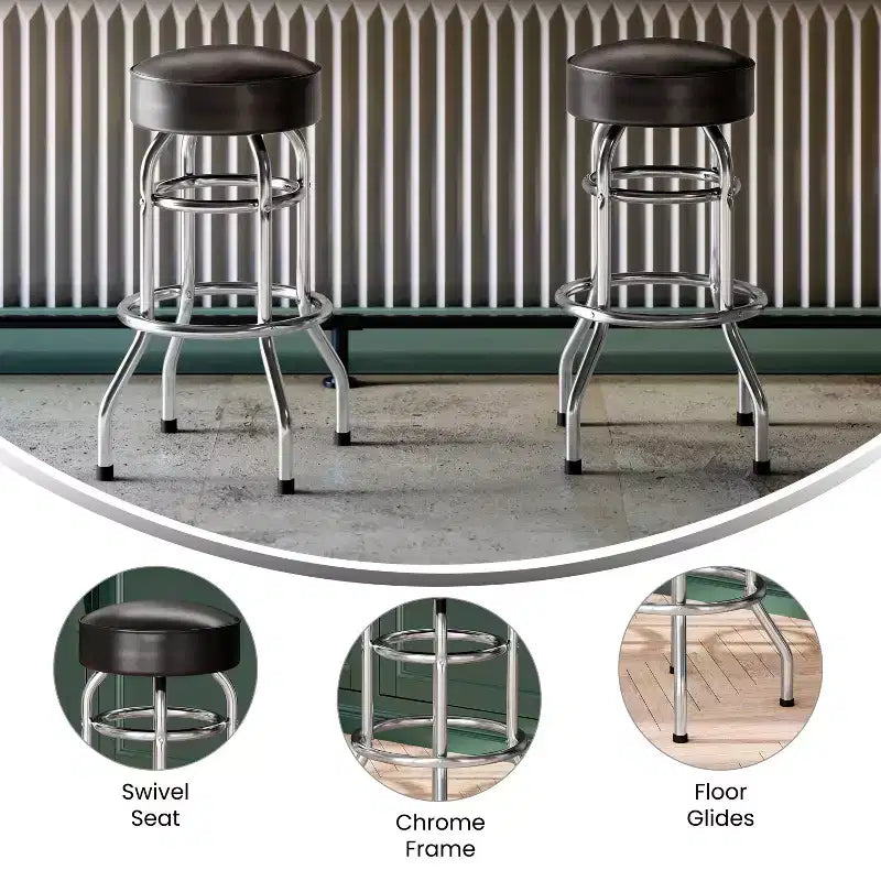 Tabouret de bar/restaurant chromé rétro à double anneau et sans dossier