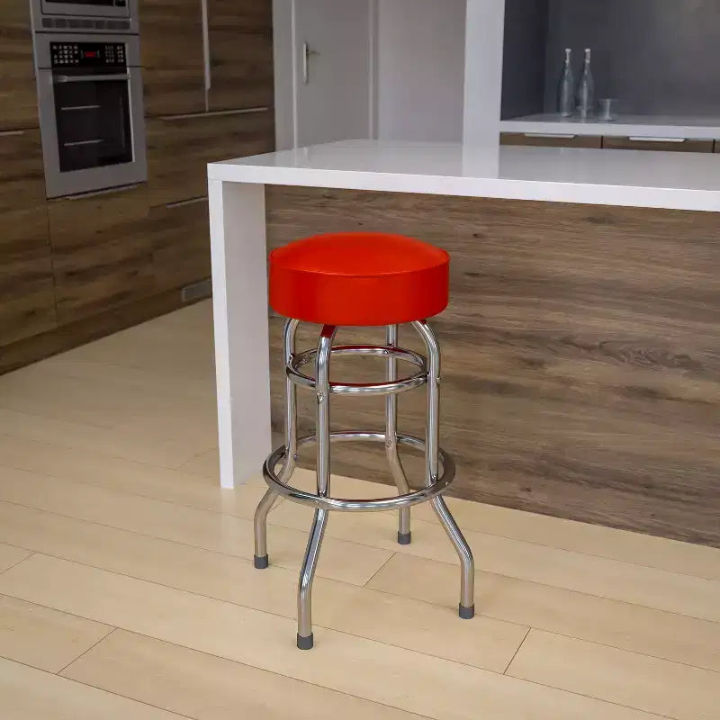 Tabouret de bar/restaurant chromé rétro à double anneau et sans dossier