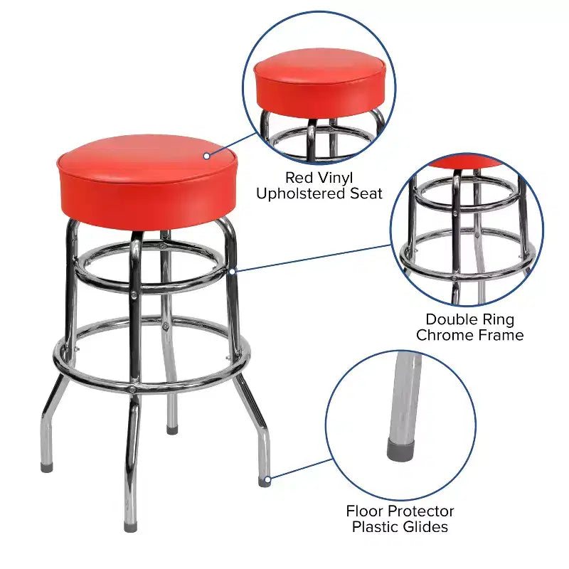 Tabouret de bar/restaurant chromé rétro à double anneau et sans dossier
