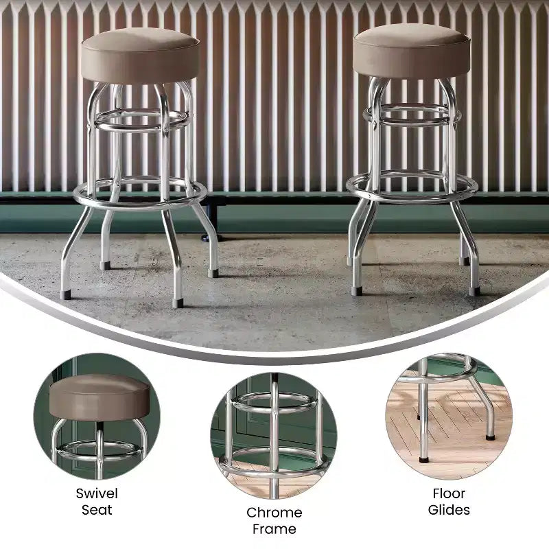 Tabouret de bar/restaurant chromé rétro à double anneau et sans dossier