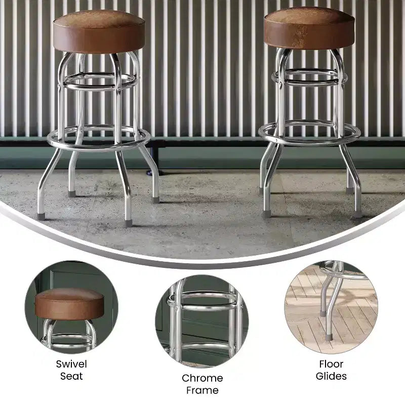 Tabouret de bar/restaurant chromé rétro à double anneau et sans dossier