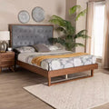 Lit plateforme en tissu et bois Gris/Noyer Marron : Pas de sommier tapissier, Tête de lit capitonnée
