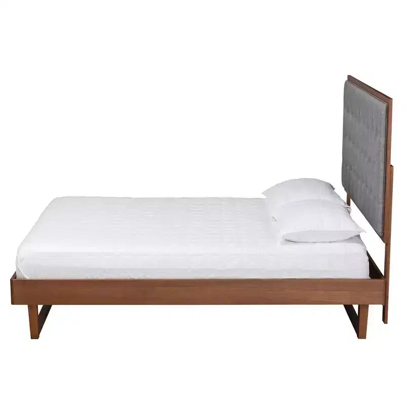Lit plateforme en tissu et bois Gris/Noyer Marron : Pas de sommier tapissier, Tête de lit capitonnée