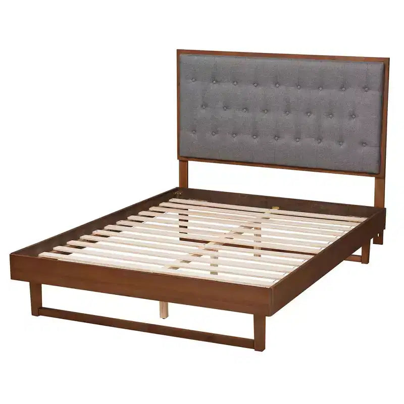 Lit plateforme en tissu et bois Gris/Noyer Marron : Pas de sommier tapissier, Tête de lit capitonnée