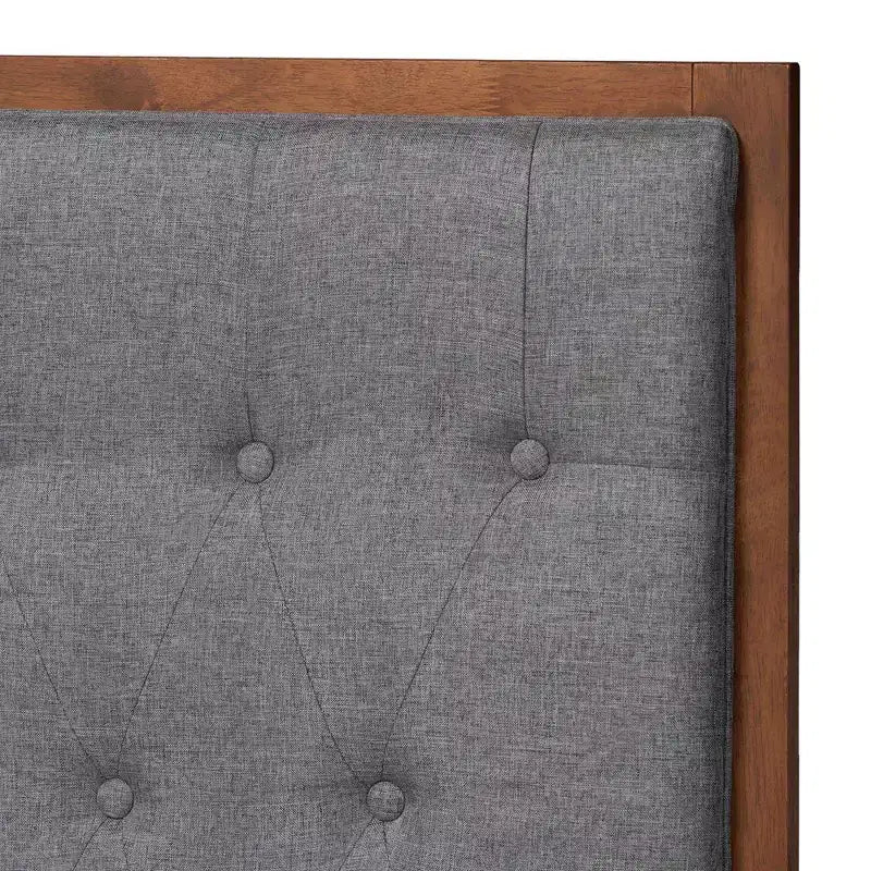 Lit plateforme en tissu et bois Gris/Noyer Marron : Pas de sommier tapissier, Tête de lit capitonnée