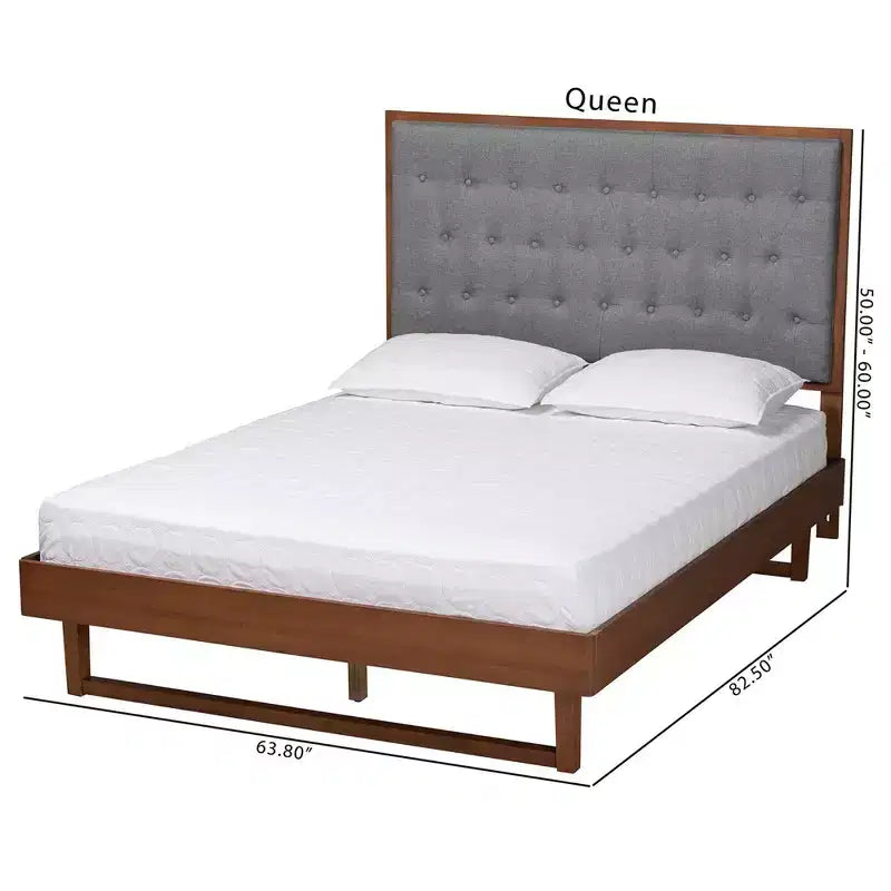 Lit plateforme en tissu et bois Gris/Noyer Marron : Pas de sommier tapissier, Tête de lit capitonnée